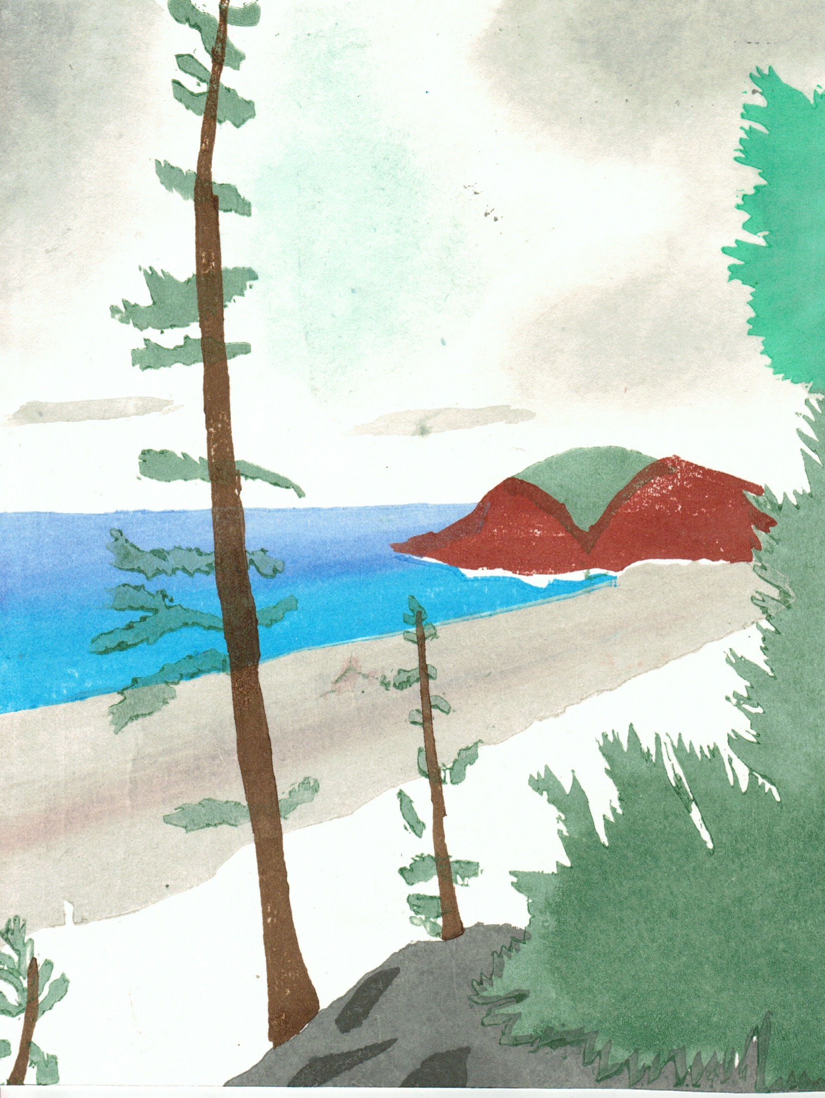Larry Pinto
In contrast to Benjamin Franklin’s time course of single day in his life, this Japanese style woodblock print tells a story that unfolded over billions of years. 500 miles to the NNE of Evanston lies the eastern shore of Lake Superior, the largest lake in the world by area. The granite (reddish brown) was formed 3.5 billion years ago under the earth in a ‘pluton’. The rock’s shape was carved by the last glacier about 20,000 years ago. The basin of Lake Superior (and the other great lakes) was formed by a failed rift (separation) in the continent a billion years ago. The waves of the lake shape the beach’s profile every day, and the trees grow slowly so that even small trees can be very old.