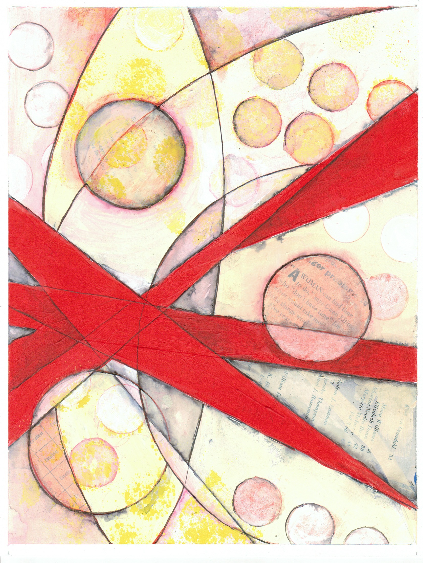 Marla Seibold
The organization of time was the inspiration for this piece. I combed through vintage magazines to find images and text that related to the theme then cut shapes and glued them down. I can’t really explain what happened next as I began to draw and paint on top of the collaged pieces–pushing back and pulling forward the space . For this piece I saw a wing-like shape spanning the middle and I painted it red-orange. It reminded me of the Chicago Calder sculpture The Flamingo. Over the next week I returned to the piece, adding and subtracting till I decided that it was finished. I searched out a connection between Calder and Franklin and it turns out that a Calder museum and garden is being built on Ben Franklin Parkway in Philadelphia.