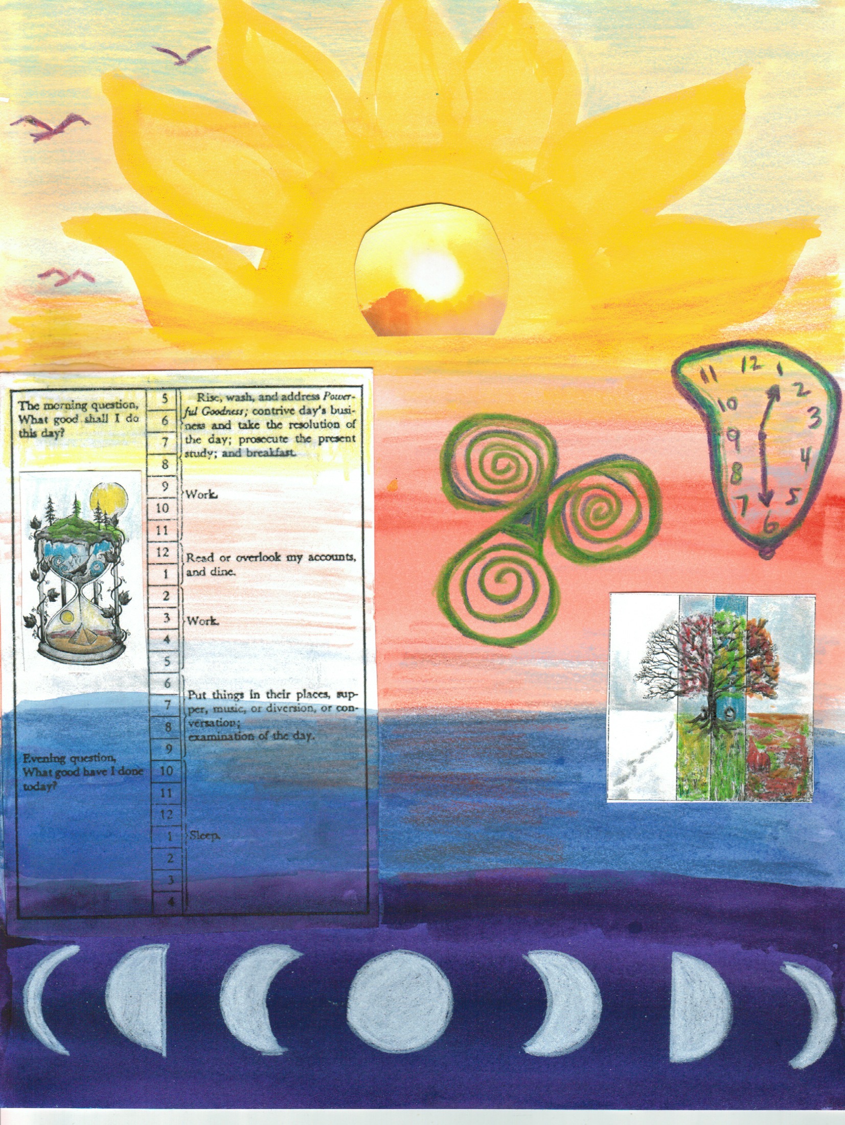 Philomena O-Halloran: My interpretation of Benjamin Franklin‘s daily calendar, led me to the concept of time and nature. From the rising of the sun to the setting and the moon cycles. Humans are of nature yet they also try to control nature and time. I thought of Salvador Dali’s melting clocks, how time can slip by using the hourglass image by kirstenschrader.com and the tree in the four seasons by Howard Lee. Celtic spirals represent a variety of concepts, including the journey of life, the cycle of nature, and the interconnectedness of the spiritual realms. It often symbolizes the cycles of life (birth, death, rebirth), or the elements (earth, water, fire).