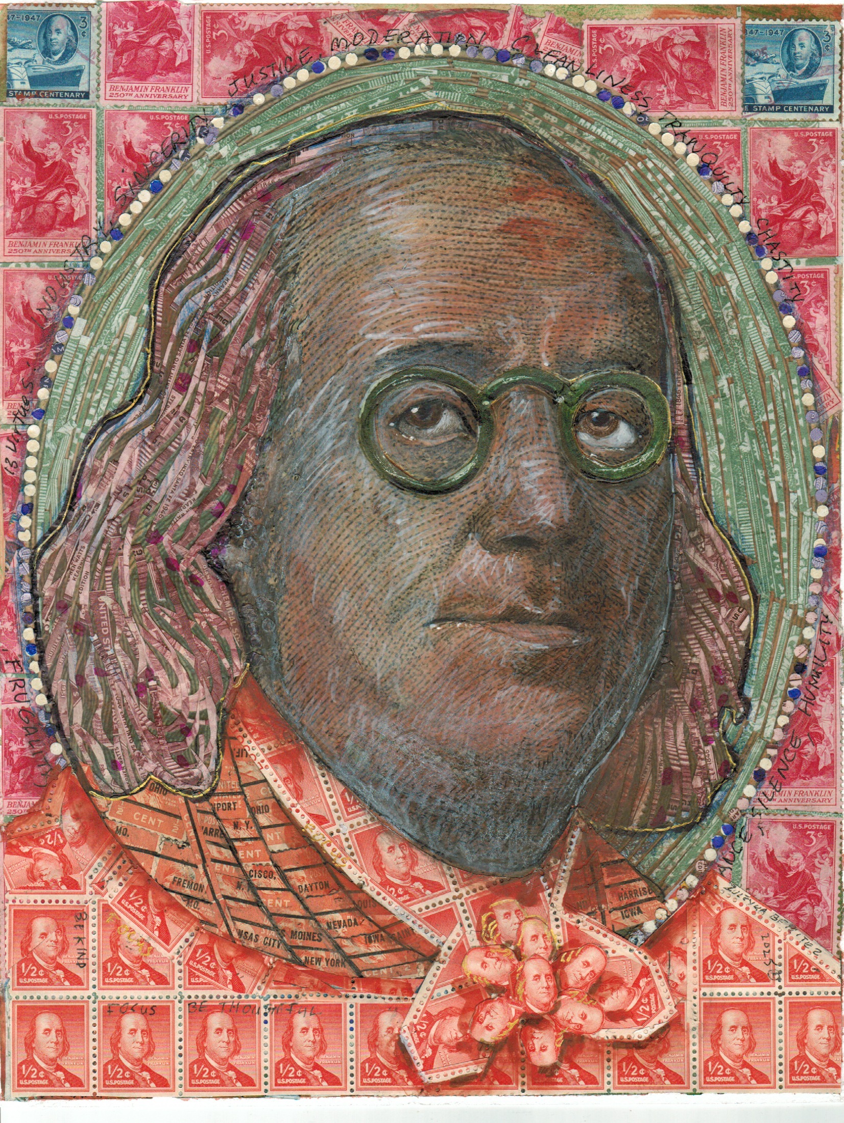 Zuleyka Benitez
Ben Franklin's Diaries are taught all over the world to help others "focus". His image adorns 130 different Amercian stamps. The 1cent Franklin has sold over one billion! I used stamps in this image.