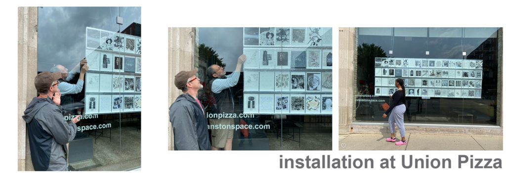 3 photos showing the installation of the exhibit at Union pizza in Evanston - in the windows facing the street.