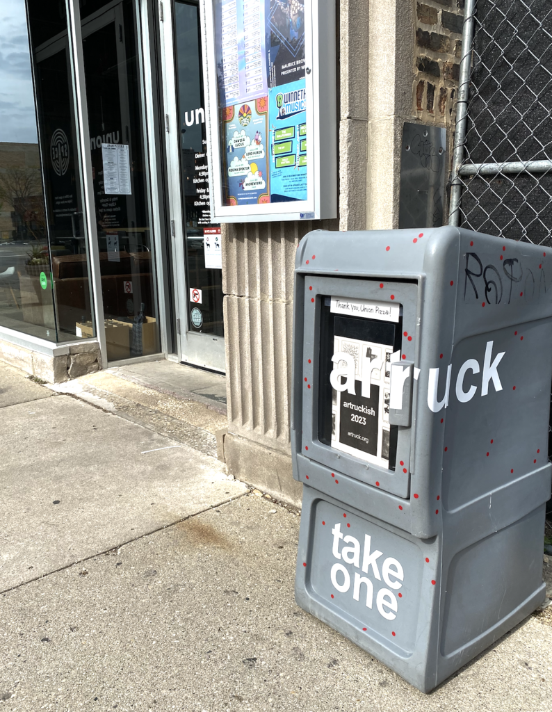 photo of the newsletter box outside of Union Pizza in Evanston, which holds the artruckish 2023 broadsides, that illustrate all of the images from the exhibition.